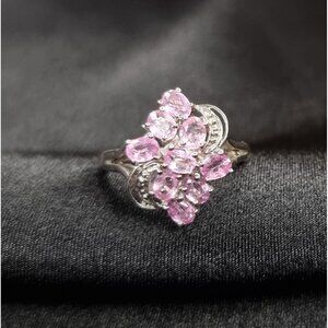 STS Signed 925 Sterling Silver Pink Sapphire Floral Design Ring Size 7.25